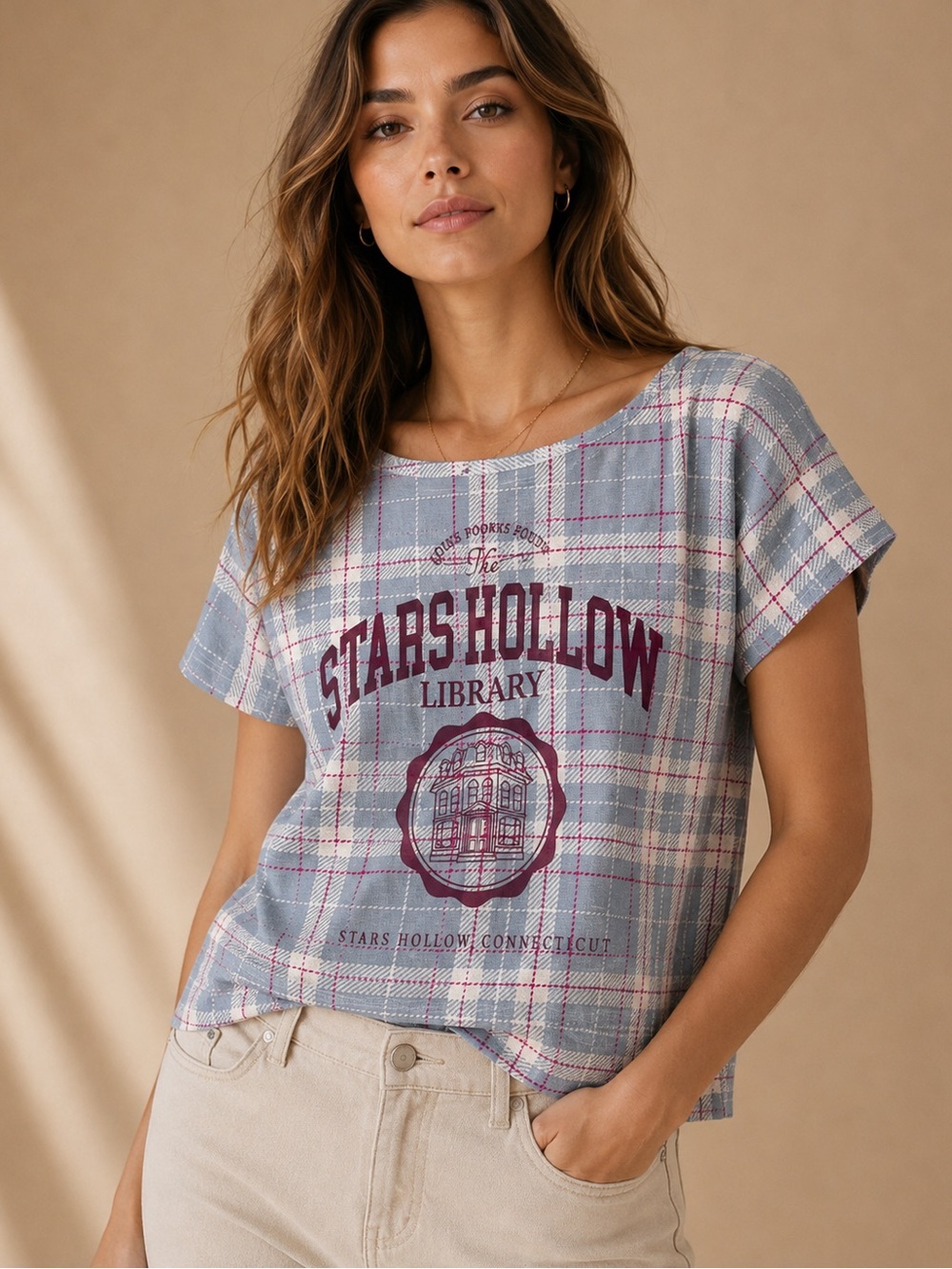 Gilmore Girls Stars Hollow Library Plaid Tee NWT Size M
